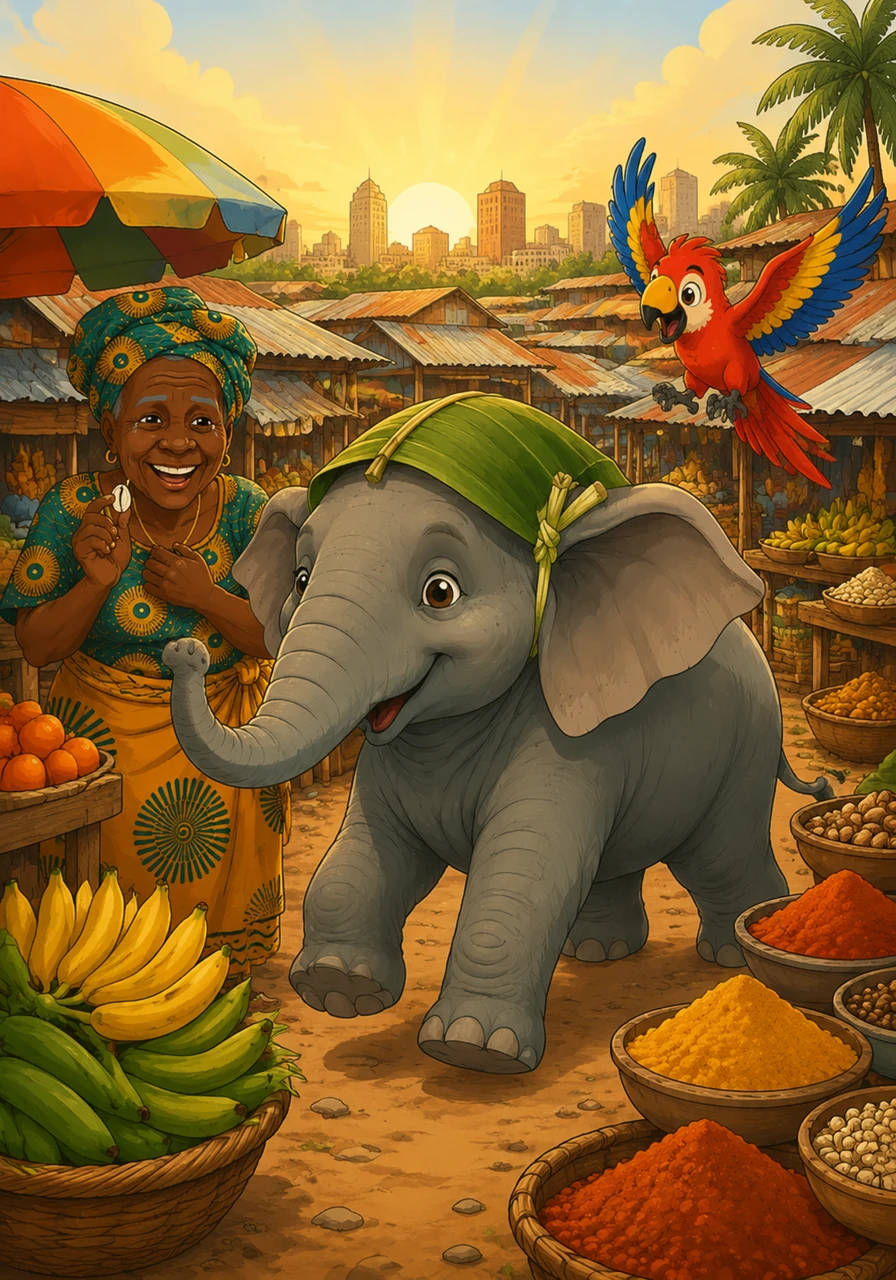 Ce matin-là, le soleil se levait sur Abidjan, dorant les toits de tôle du marché d'Adjamé. Babou l'éléphant, avec son chapeau de feuille de bananier bien vissé sur la tête, trottait entre les étals colorés où flottaient des parfums de bananes mûres et d'épices.