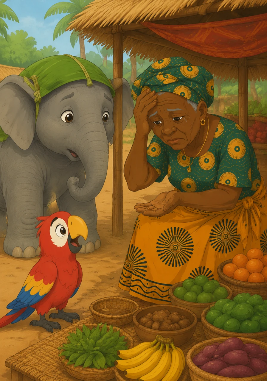 Devant l'étal de Mama Koko, Babou s'arrêta net en voyant la vieille dame toute triste. Elle avait perdu son précieux cauris porte-bonheur, un petit coquillage blanc sans lequel elle refusait de commencer sa journée de vente.