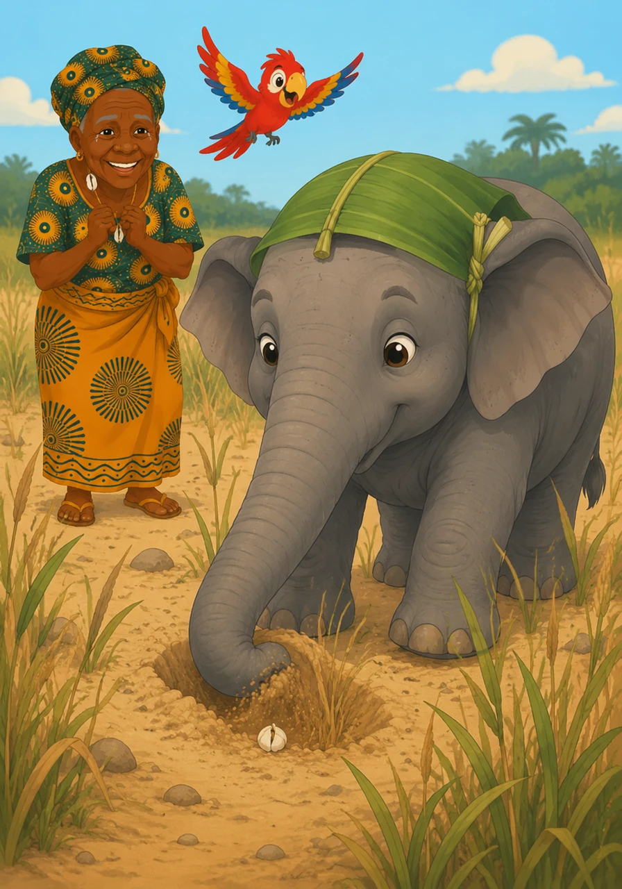 Avec une patience infinie, le petit éléphant utilisa sa grande trompe pour fouiller délicatement les herbes hautes et le sable fin. Chaque mouvement était précis, car le cauris était minuscule face à sa taille imposante et sa force tranquille.