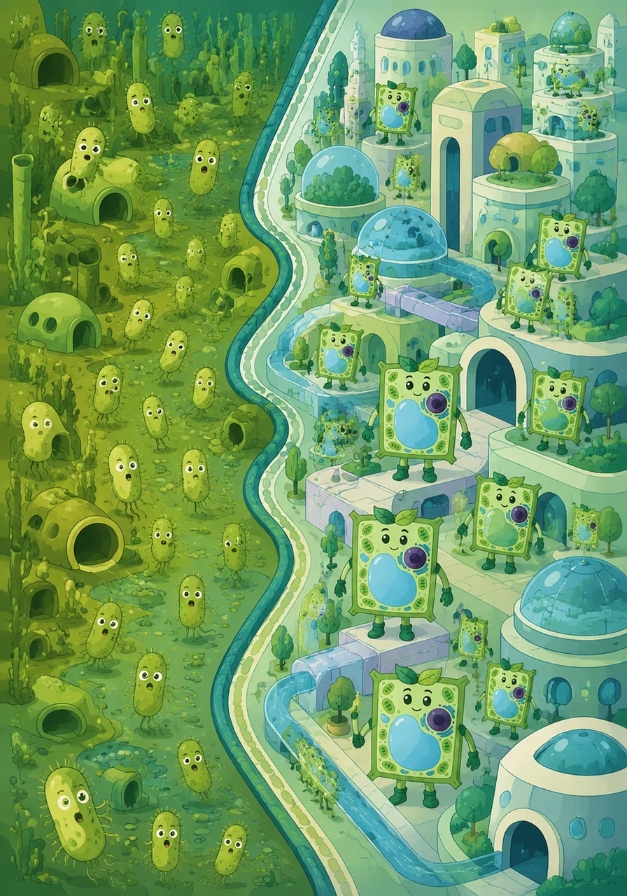 In the hidden depths of the microscopic world, two very different cities thrived side by side. Procarioland was ancient, bustling, and filled with tiny, simple citizens, while Eucariopolis was grand, vast, and highly organized.