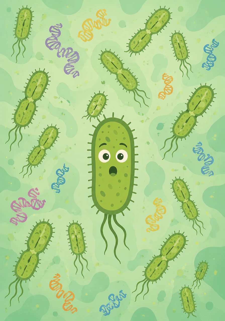 A tiny, curious bacteria named Bacti lived in Procarioland. Bacti loved his simple home, where everyone's genetic material floated freely in the cytoplasm like kites in the wind, allowing the citizens to multiply and grow incredibly fast.
