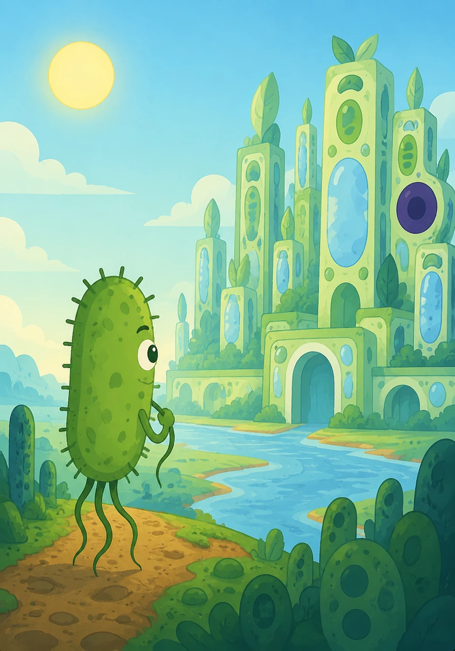One sunny morning, Bacti stood at the border of his city, looking out at the shimmering, towering structures of Eucariopolis. Overcome with curiosity, he adjusted his tiny flagella and decided to cross over to see how the other half lived.