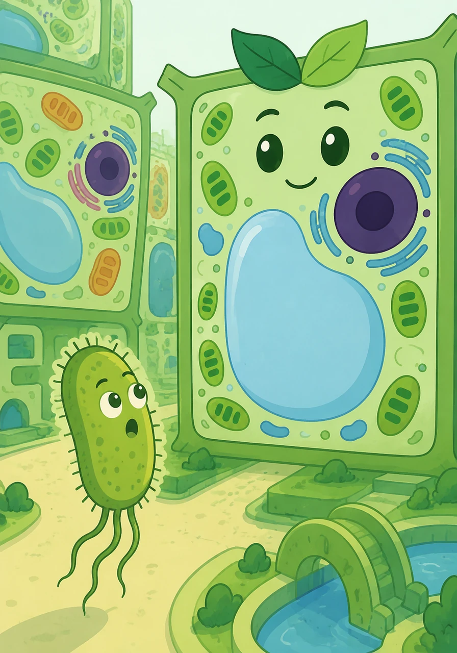 As Bacti entered Eucariopolis, his eyes widened in absolute wonder. The cells here were giants compared to him, and they lived in beautifully structured neighborhoods filled with specialized internal rooms.