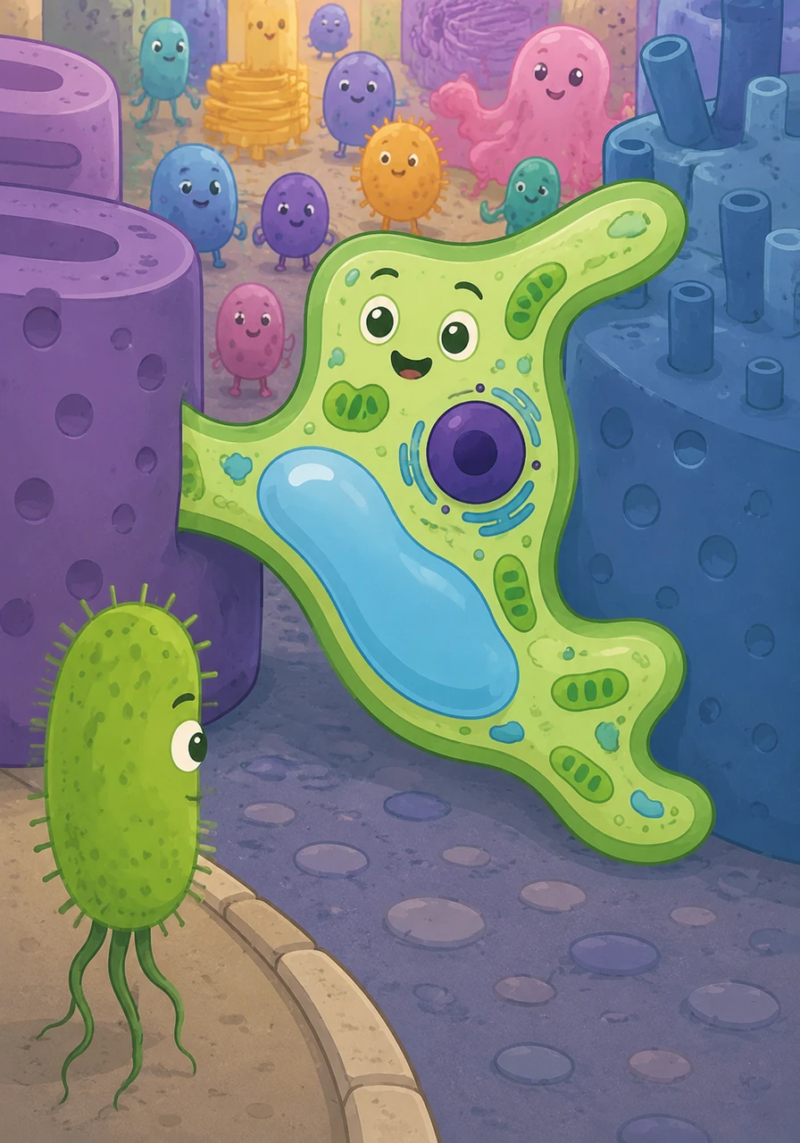 Bacti watched as a majestic animal cell gracefully changed its shape to glide through the crowded streets. Unlike the rigid structures back home, these citizens had no outer walls, allowing them to move with incredible flexibility and freedom.