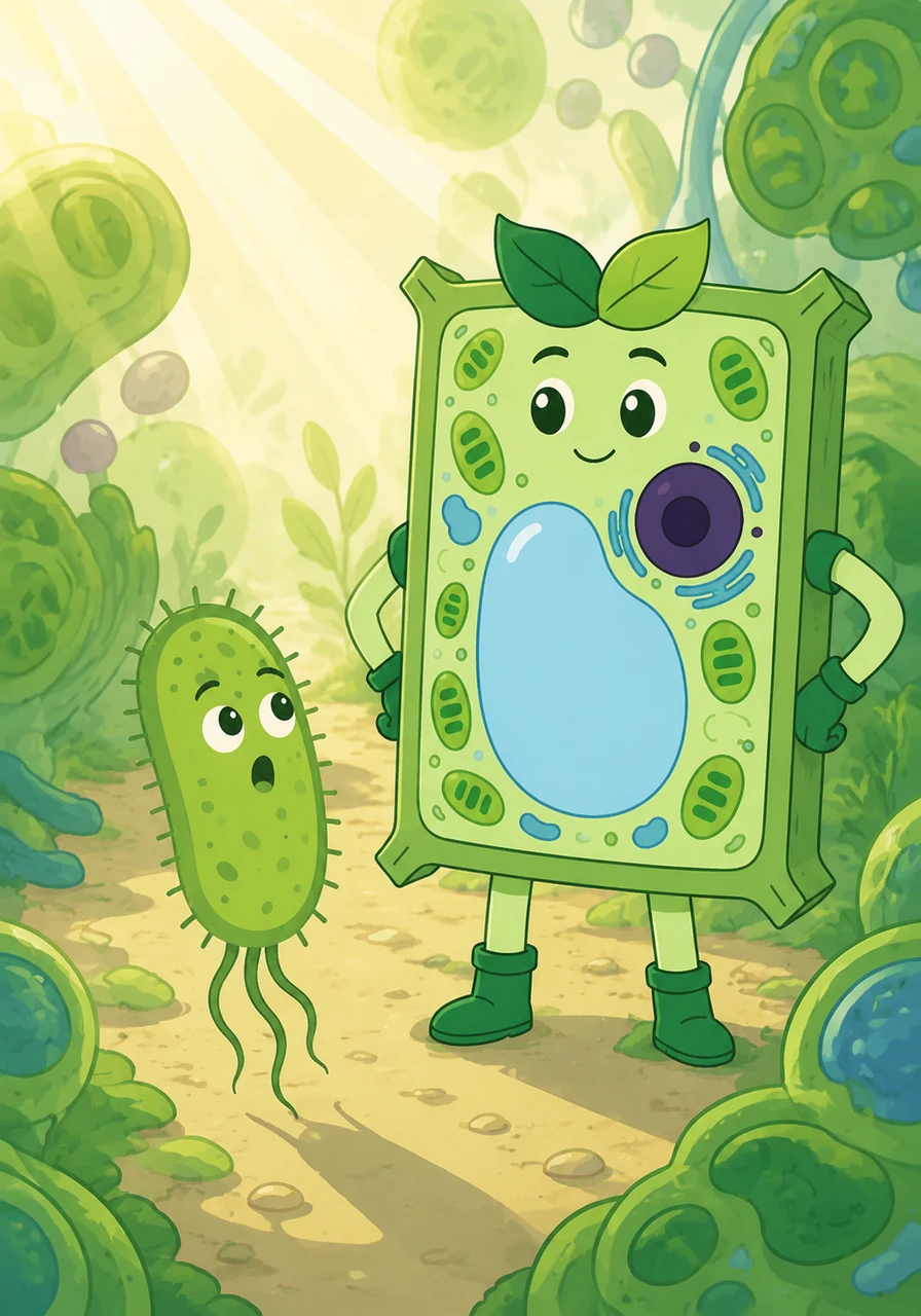 Further down the avenue, Bacti met a magnificent plant cell standing tall and proud. She wore a sturdy, rigid cell wall like a coat of armor and possessed brilliant green chloroplasts that caught the sunlight to create sweet nutrients.
