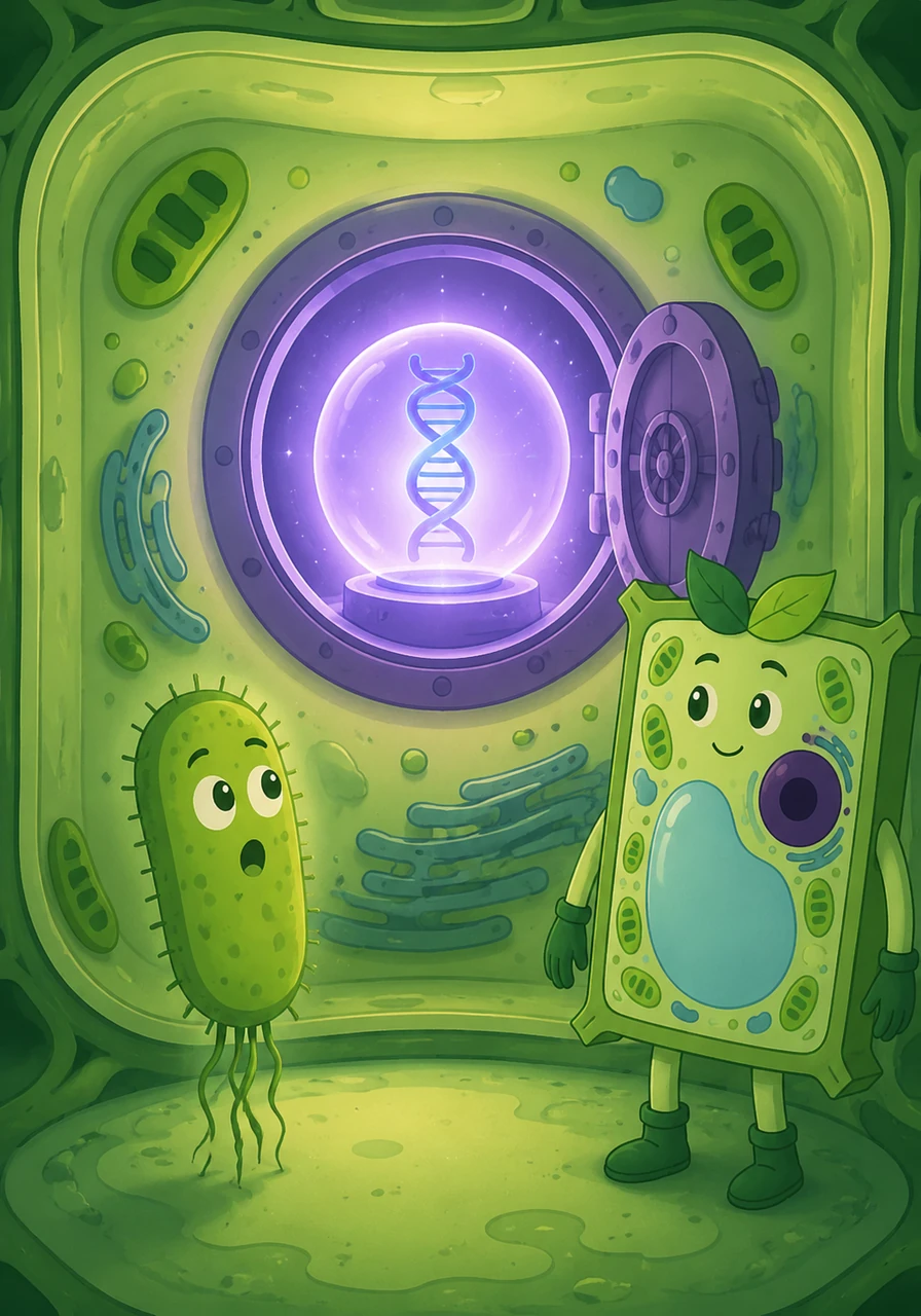 Bacti noticed that every house in Eucariopolis had a secure, glowing central vault called a nucleus. Inside these beautiful rooms, the citizens carefully protected their precious DNA blueprints, keeping them safe from the bustling world outside.