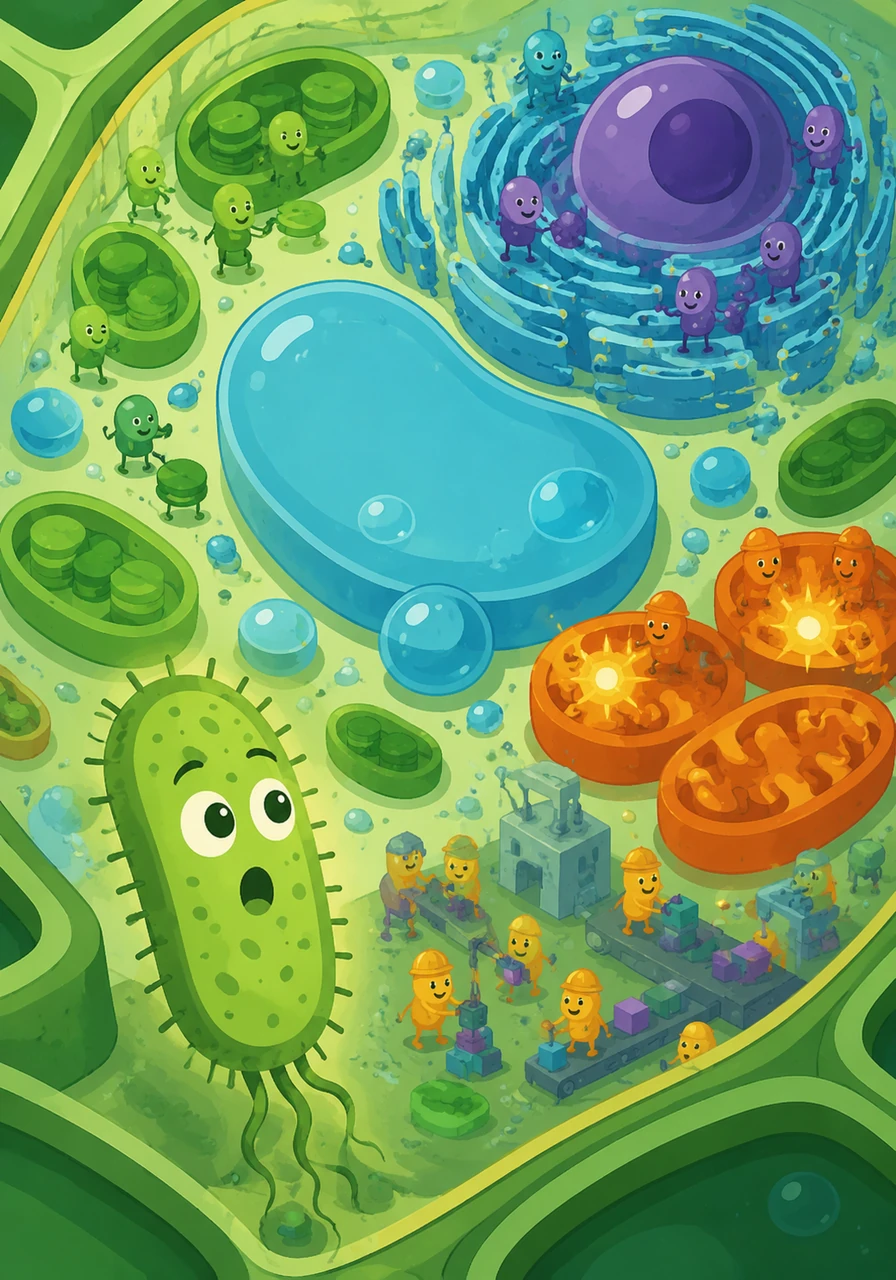 Everywhere Bacti looked, busy little structures called organelles were hard at work. Some were generating bright bursts of energy, others were storing vital water, and some were building blocks for the city, working together like a perfect orchestra.