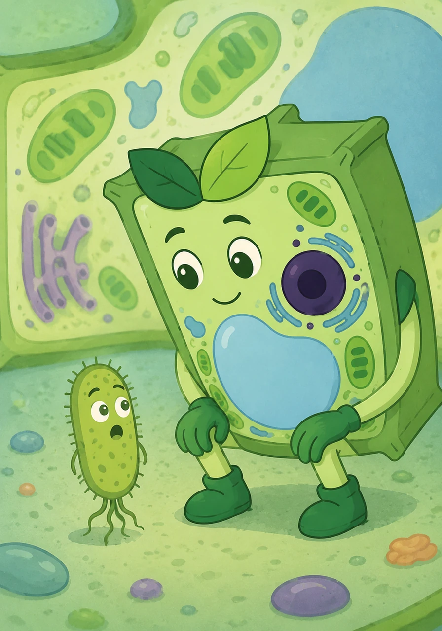 Feeling a little overwhelmed by all the complexity, Bacti approached a friendly plant cell and asked why they were so vastly different from the simple citizens of Procarioland. The plant cell smiled warmly, leaning down to meet the tiny traveler.