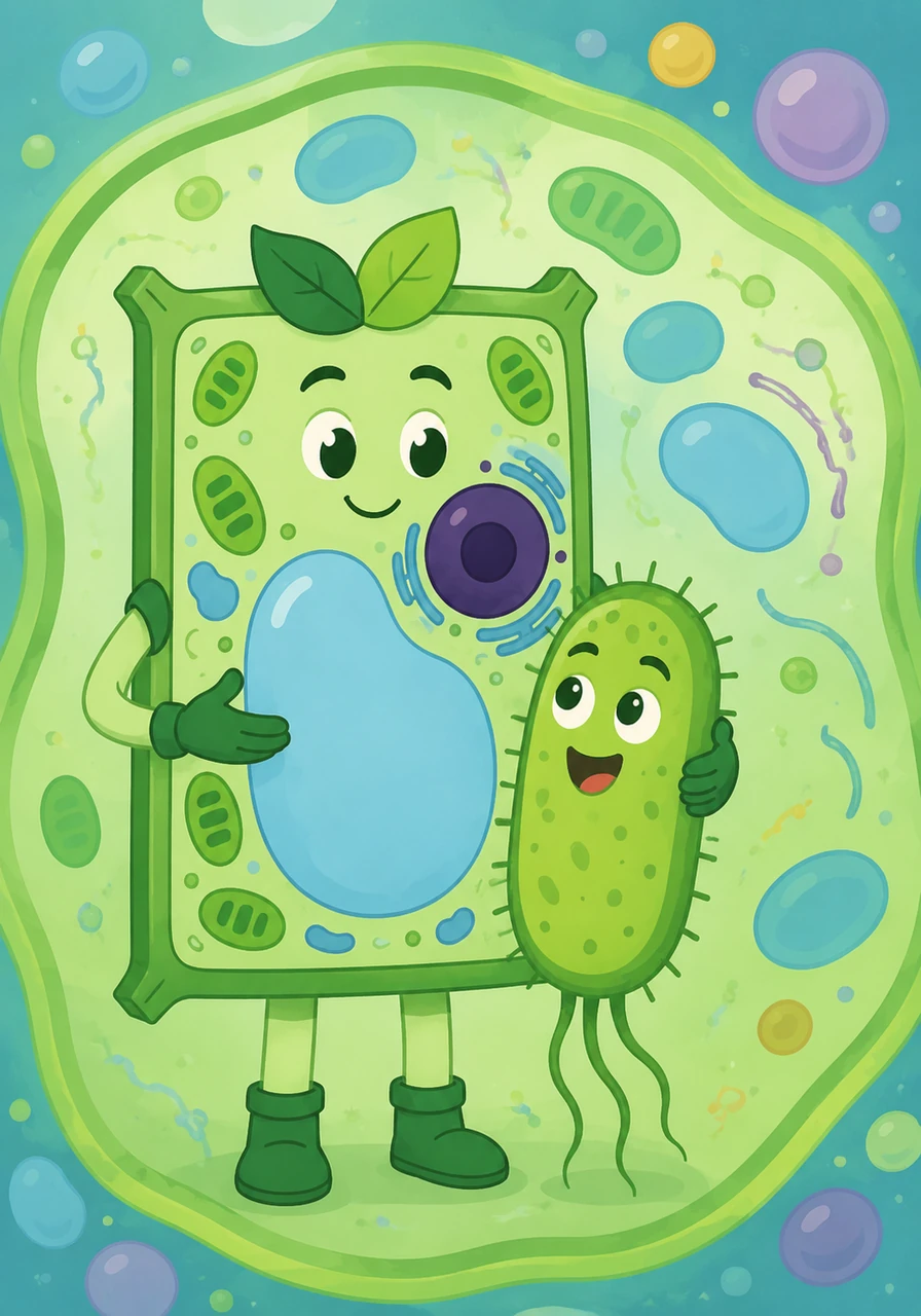 The plant cell explained that despite their differences, they all shared a plasma membrane, cytoplasm, and the spark of genetic material. Bacti smiled, realizing that whether simple or complex, every single cell was a vital piece of the beautiful puzzle of life.