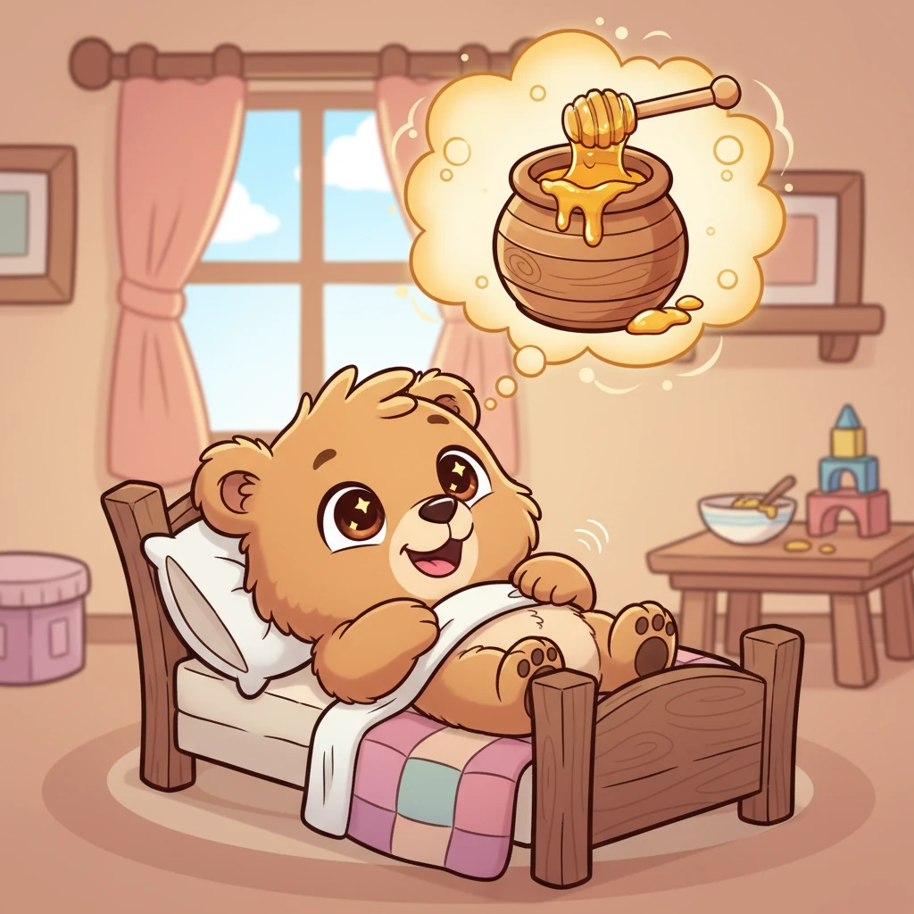 Barnaby, a small, fluffy bear cub, woke up with a happy rumble in his tummy, dreaming of his absolute favorite treat: golden, sticky honey. His eyes sparkled like tiny stars, already imagining the delicious taste.