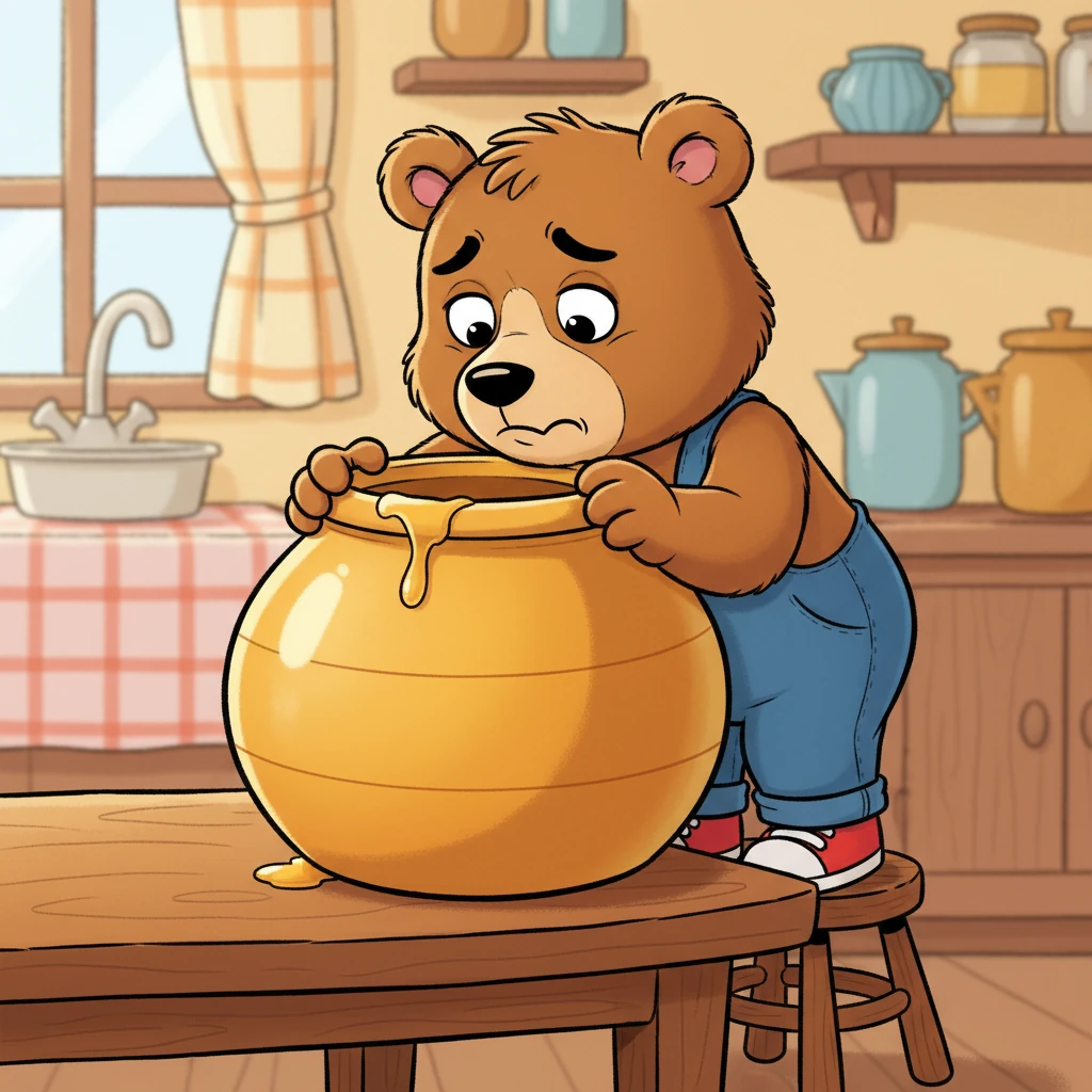 He scampered quickly to the family's big honey pot, only to find it completely empty, with just a tiny, glistening smear at the very bottom. Barnaby's cheerful face drooped into a comical frown of disappointment.
