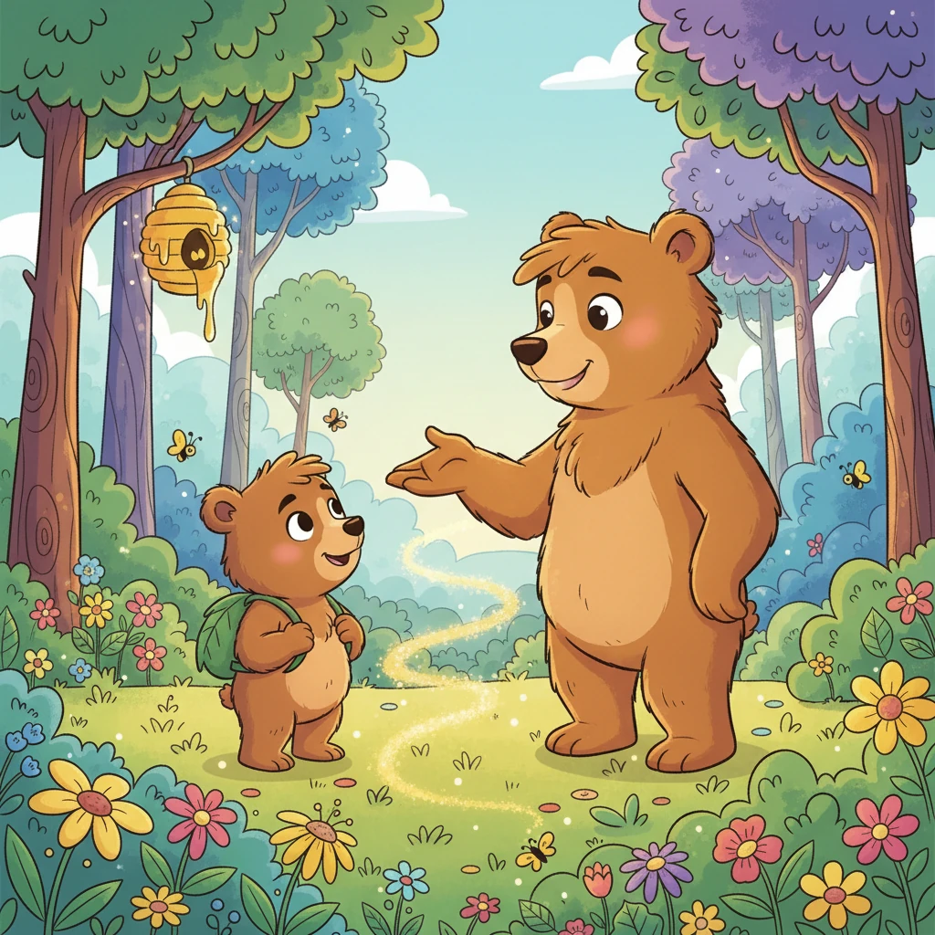 Mama Bear, with a knowing and warm smile, gently suggested that if he ventured just a little way into the Whispering Woods, he might find the sweetest, most wonderful honey ever, where the wildflowers bloomed brightest.