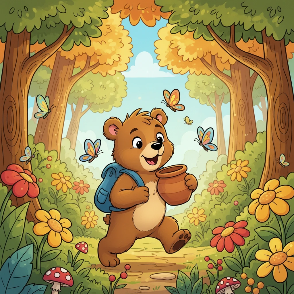 Armed with his empty pot and a determined bounce in his step, Barnaby bravely set off into the colorful, sun-dappled forest. Butterflies with rainbow wings fluttered around him as he hummed a happy, hopeful tune.
