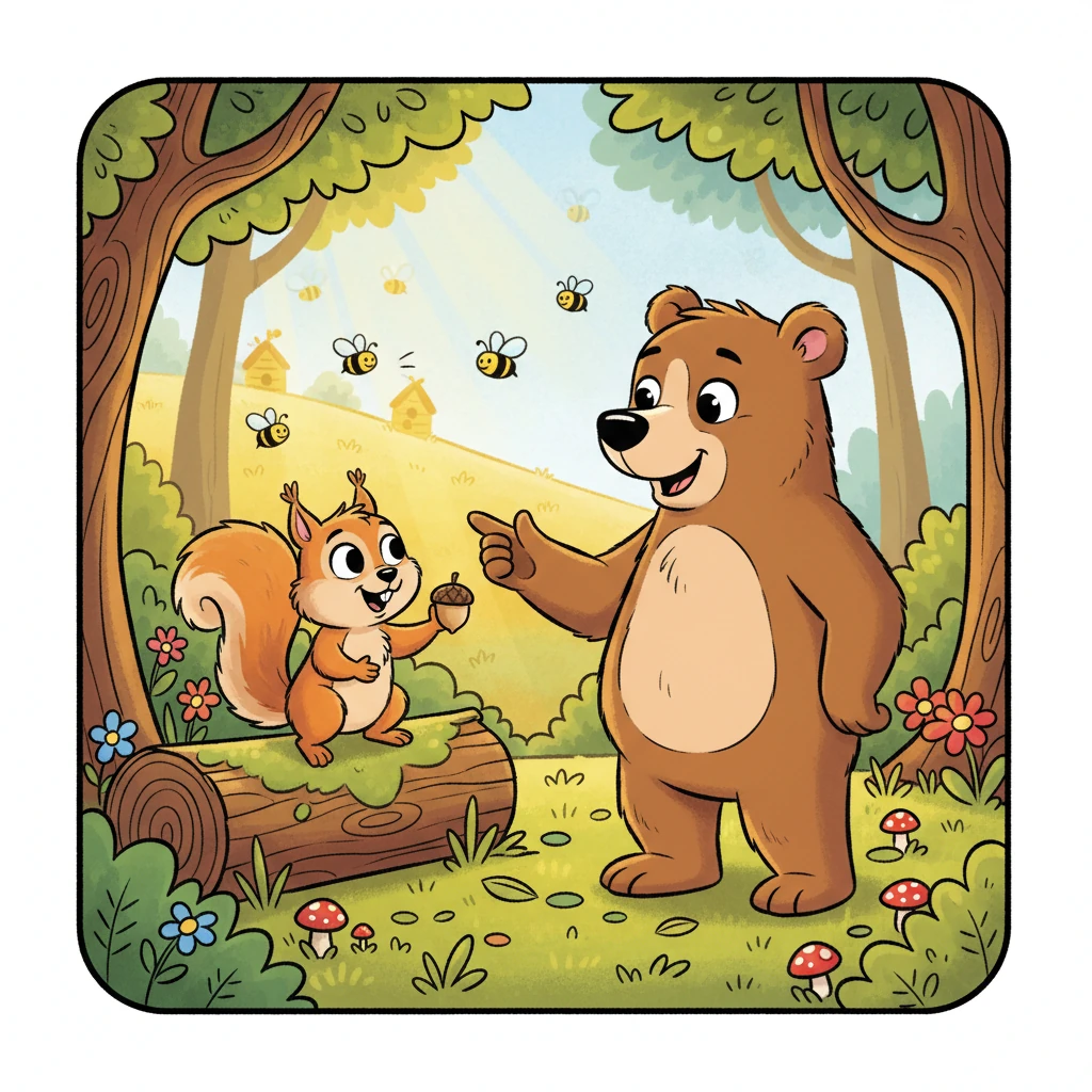 Deep in the woods, he met Pip, a chattering squirrel, who excitedly pointed him towards a sunnier meadow where the bees were buzzing their busiest. Pip even offered Barnaby a tiny, smooth acorn as a good luck charm for his journey.