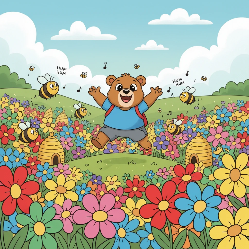 Barnaby soon arrived at a breathtaking meadow, a vibrant tapestry of flowers in every shade imaginable, swaying gently in the breeze. The air was filled with the cheerful hum of countless happy bees dancing around their hives.