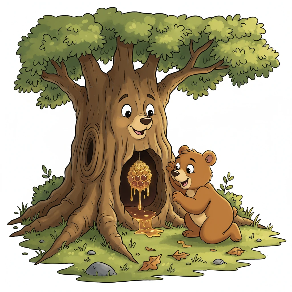 Tucked beneath the roots of a giant, friendly-looking oak tree, Barnaby discovered a hidden hollow log. Inside, a small, glistening honeycomb dripped with the richest, darkest honey he had ever seen, shimmering like liquid gold.