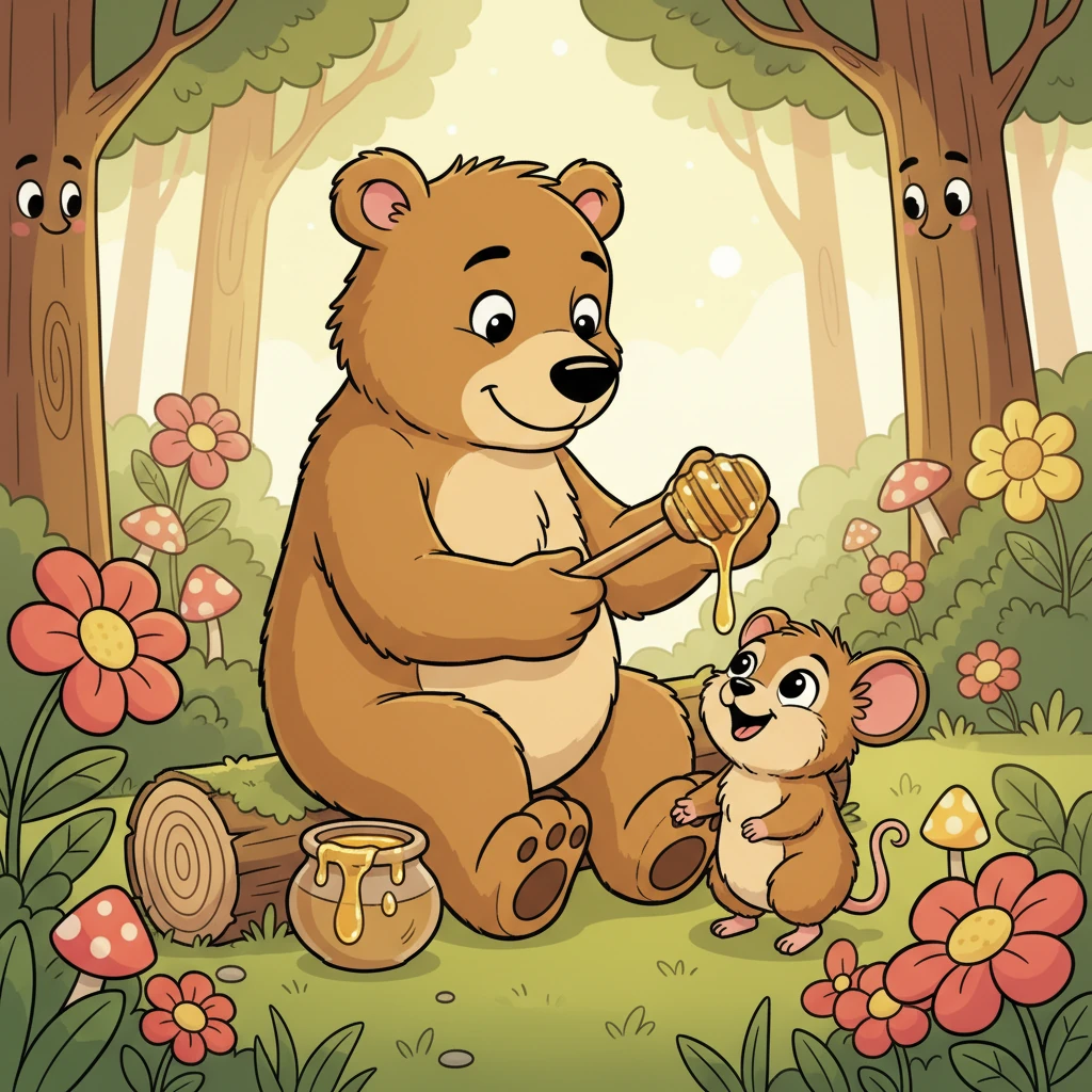 He carefully filled his pot to the brim and, remembering his new friend, found Pip to share a big spoonful. Pip's tiny face lit up with pure joy as they savored the incredible sweetness together, a shared moment of happiness.