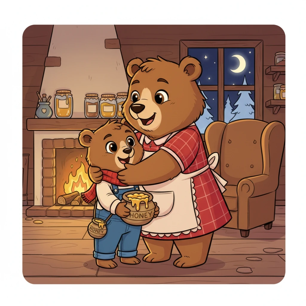 Barnaby returned home, his honey pot full and his heart even fuller from his grand adventure and new friendship. He proudly presented the special honey to Mama Bear, who greeted him with a big, warm hug, celebrating his sweet discovery.