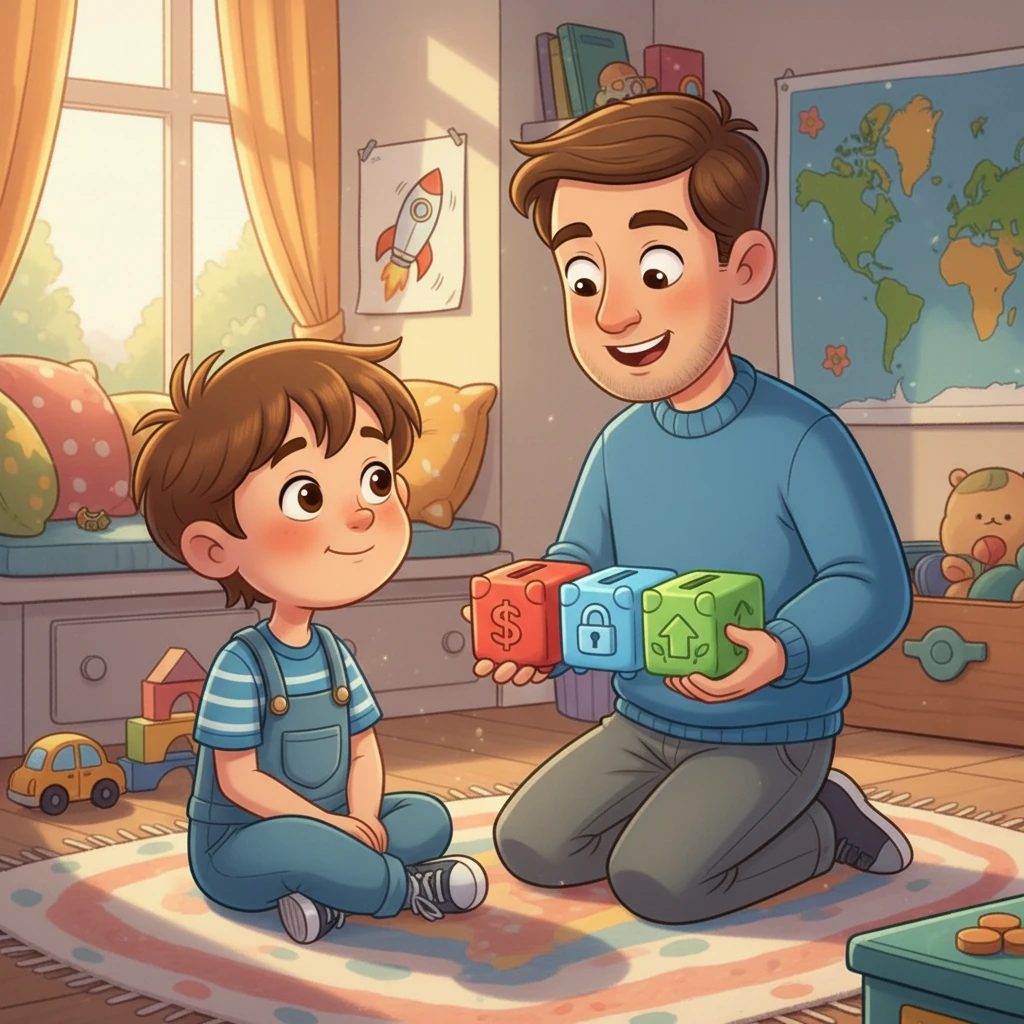 Com as três caixinhas coloridas em mãos, o pai explicou: uma para gastar agora, outra para guardar e a terceira para investir e fazer o dinheiro crescer. Arthur escutava atentamente, pronto para aprender.