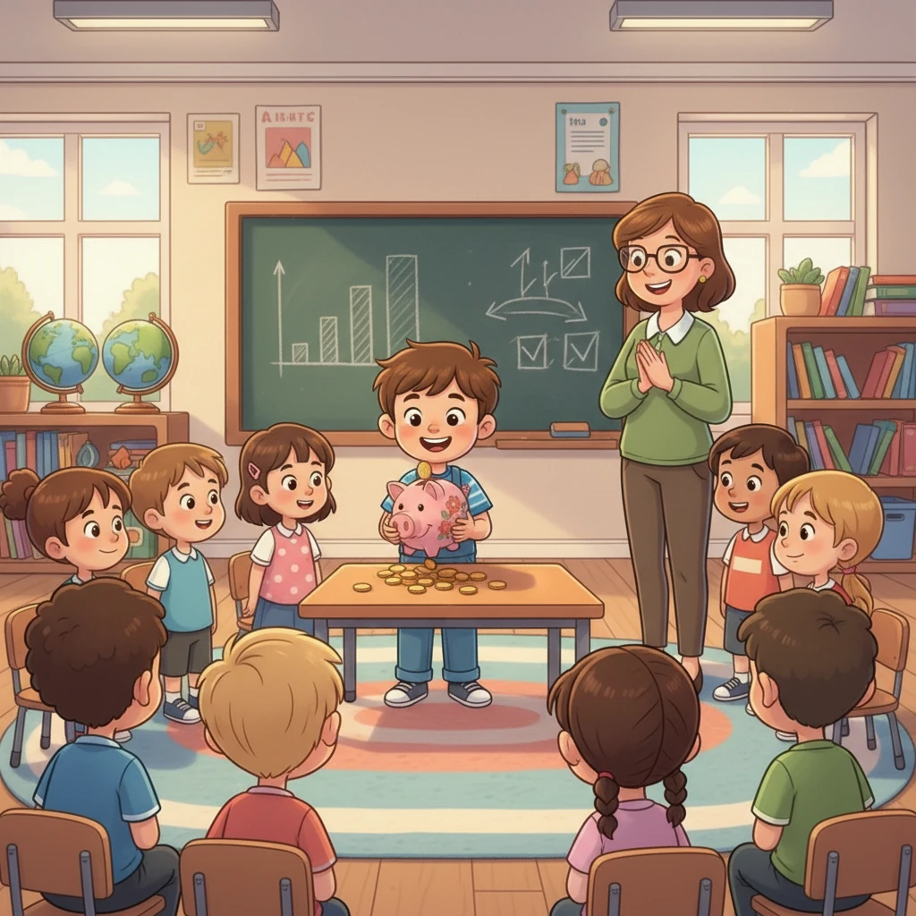 Na escola, Arthur compartilhou seu aprendizado com os amigos. A professora, orgulhosa, explicou que ele estava aprendendo sobre educação financeira, uma ferramenta poderosa para a vida. Arthur, radiante, percebeu que a sabedoria também vem com as moedas.