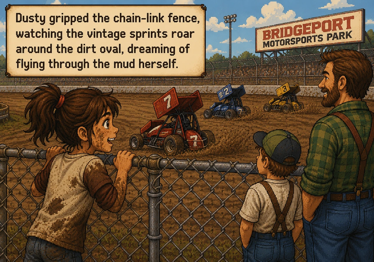 Young Dusty, with wild brown hair and oil smudges on her cheek, peeks eagerly through the chain-link fence at Bridgeport Motorsports Park. She watches