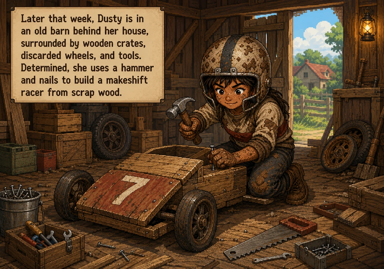 Later that week, Dusty is in an old barn behind her house, surrounded by wooden crates, discarded wheels, and tools. Determined, she uses a hammer and