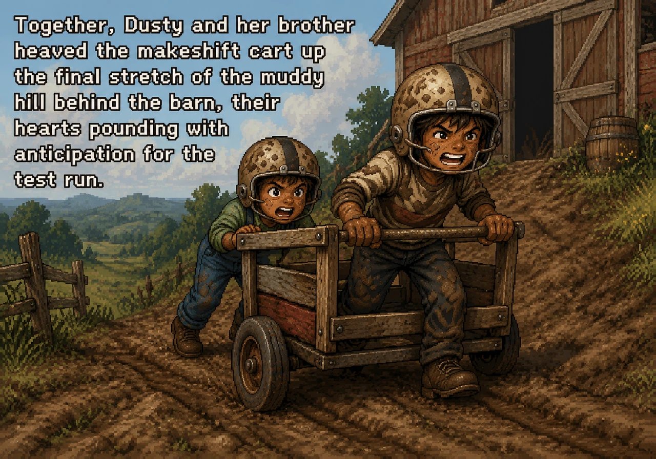 Dusty and her younger brother, both wearing old football helmets, strain as they push the crude, mismatched wooden cart to the top of the steep, muddy