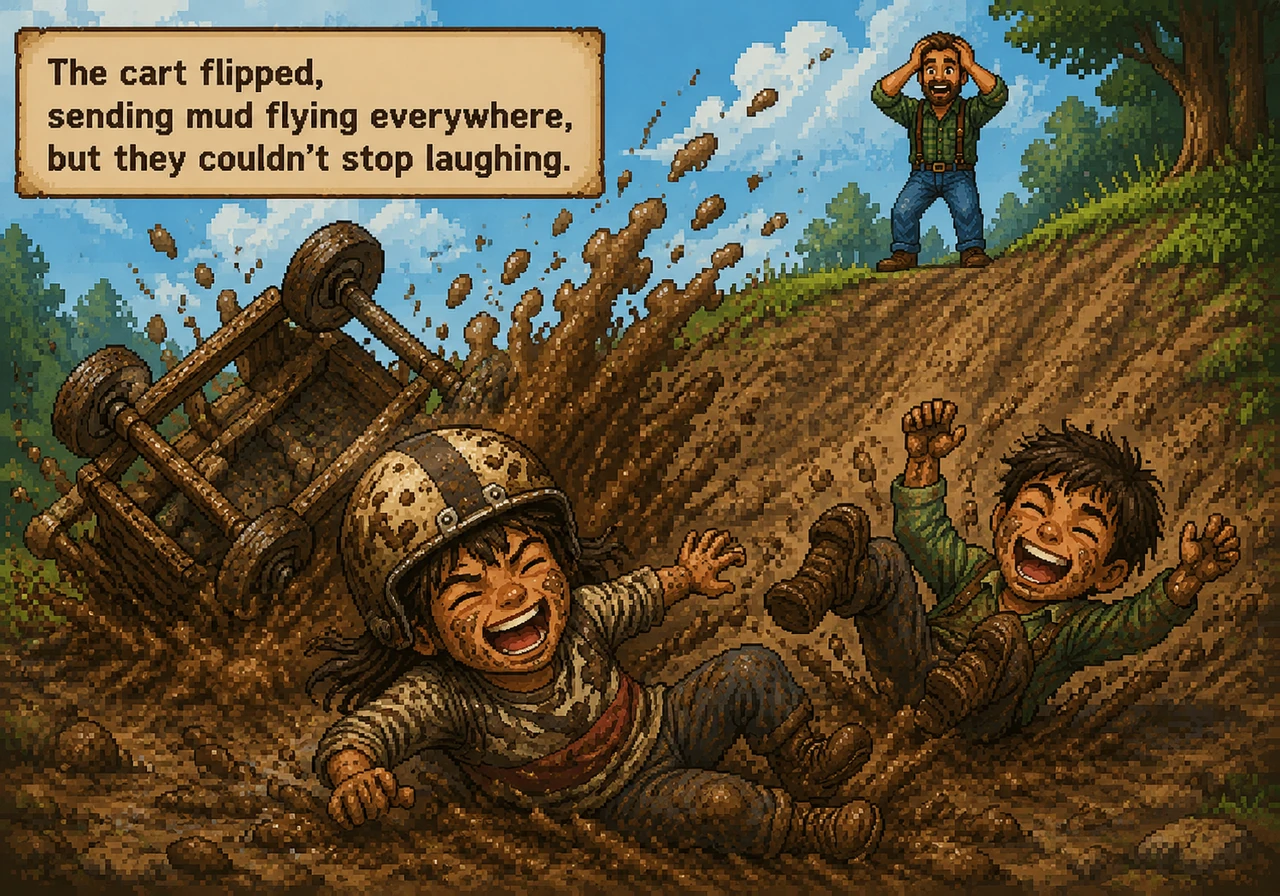 The test run is wild! The shaky wooden cart speeds down the muddy slope before hitting a bump and wildly flipping over, sending a large splash of thic