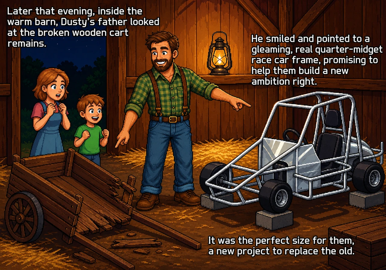 Later that evening, inside the warm barn, Dusty's father looks at the broken wooden cart remains. He smiles and points to a gleaming, real quarter-mid