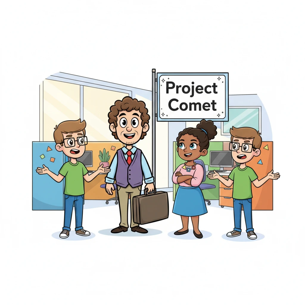 Bright morning light streams into a lively office filled with colorful cubicles and cheerful plants. Keith, a middle-aged man with a friendly smile, stands beside a large, sparkling 'Project Comet' banner. Haley, Madison, and Jayden are gathered, but their expressions are a mix of excitement and growing disagreement, their arms crossed or hands gesturing emphatically.