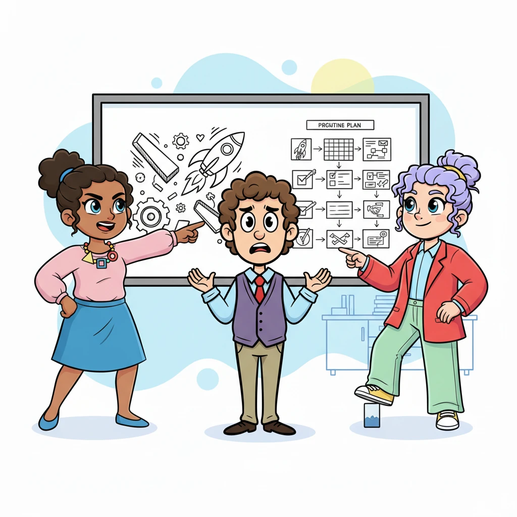 The team huddles around a whiteboard, where two wildly different project ideas are sketched, each with bold, confident lines. Haley points fiercely at her dynamic, futuristic design, while Madison firmly taps her foot next to a meticulously organized, step-by-step plan. Jayden looks on with a bewildered expression, his own creative ideas feeling lost in the clash.