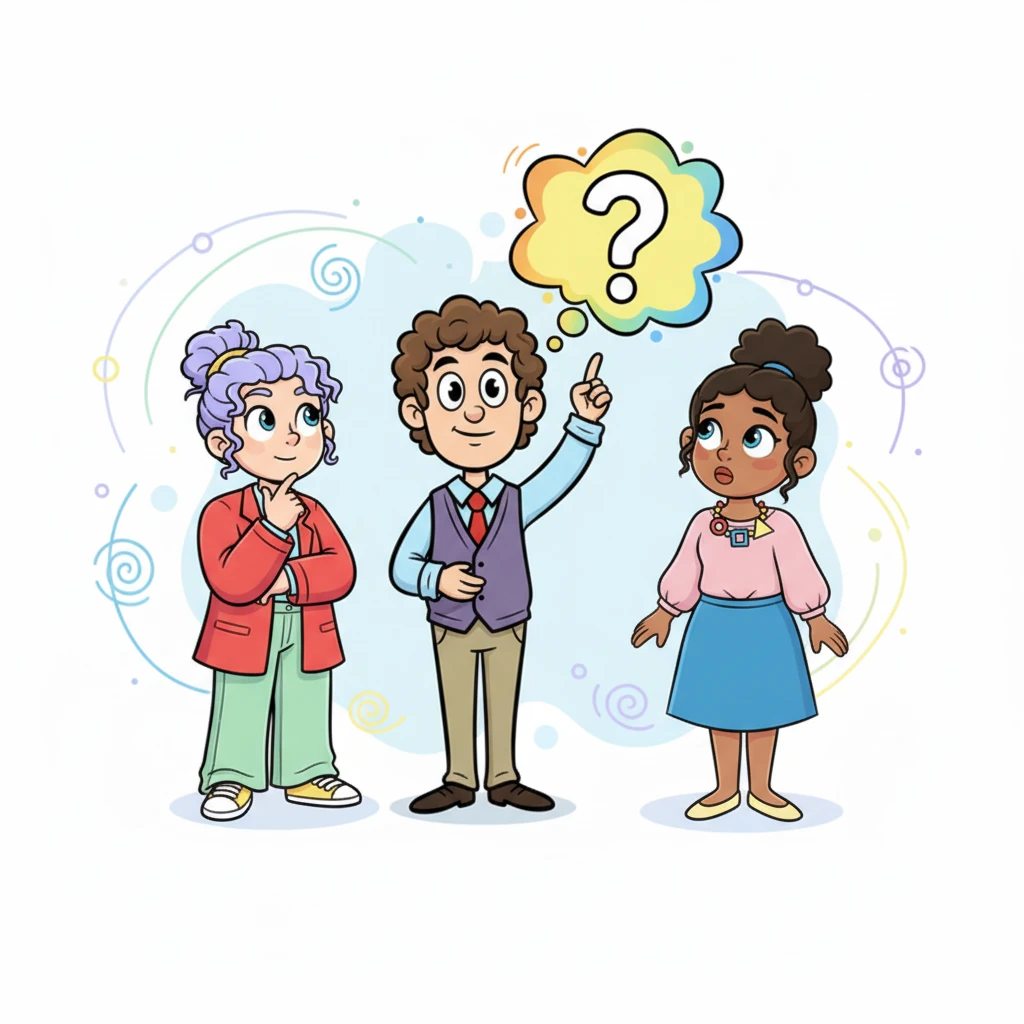 Seeing the tension rise, Keith steps forward, a calm, reassuring presence amidst the swirling ideas. He holds up a brightly colored thought bubble with a question mark inside, indicating a need for a new approach. The team members pause, their exaggerated expressions of frustration slowly turning towards him, curious.