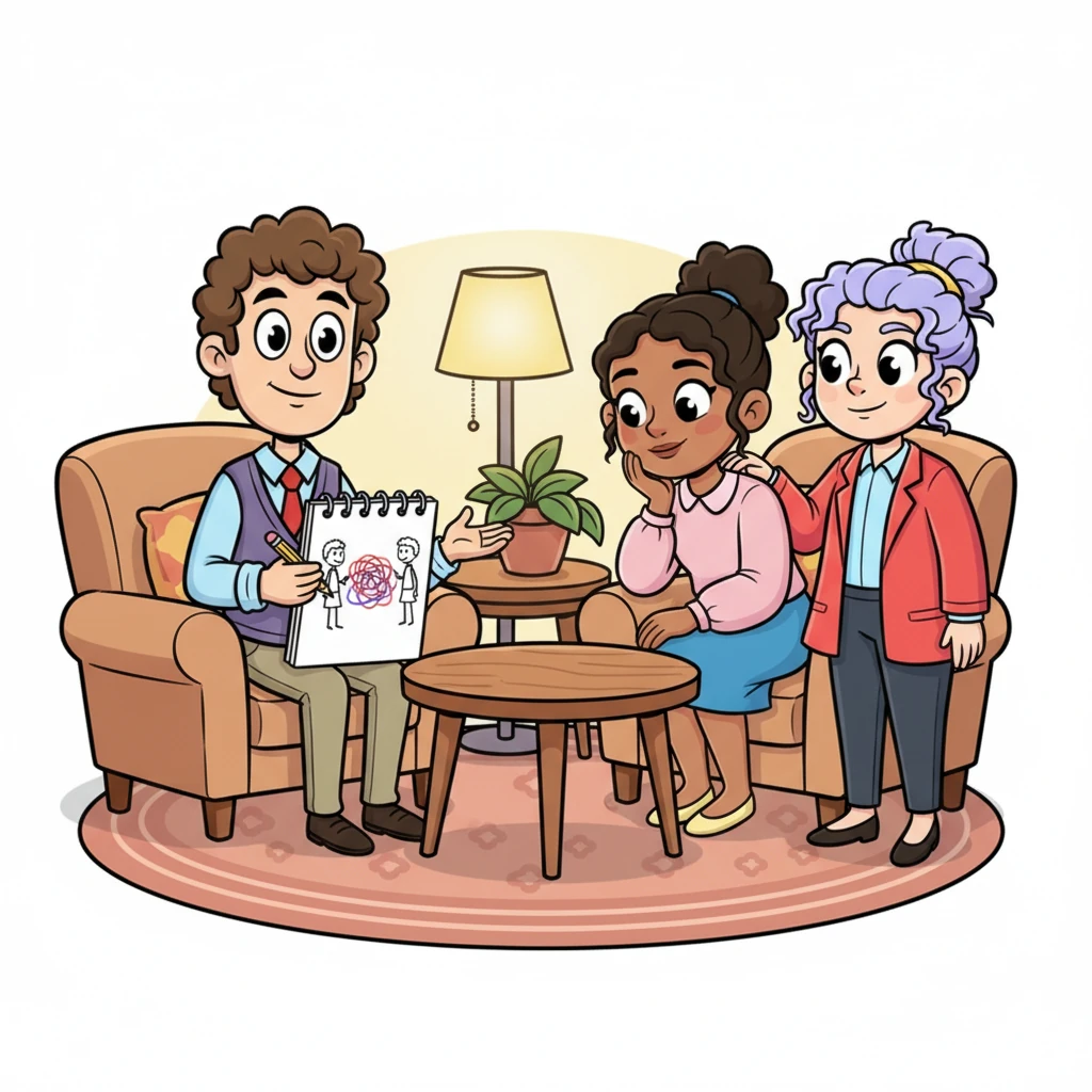 Keith gathers everyone around a cozy corner with comfy chairs and a small table. He draws a simple cartoon on a notepad showing two people talking, separated from a big, tangled knot representing the 'problem.' He encourages them to share their feelings and listen to each other's perspectives without judgment, and their faces begin to soften.