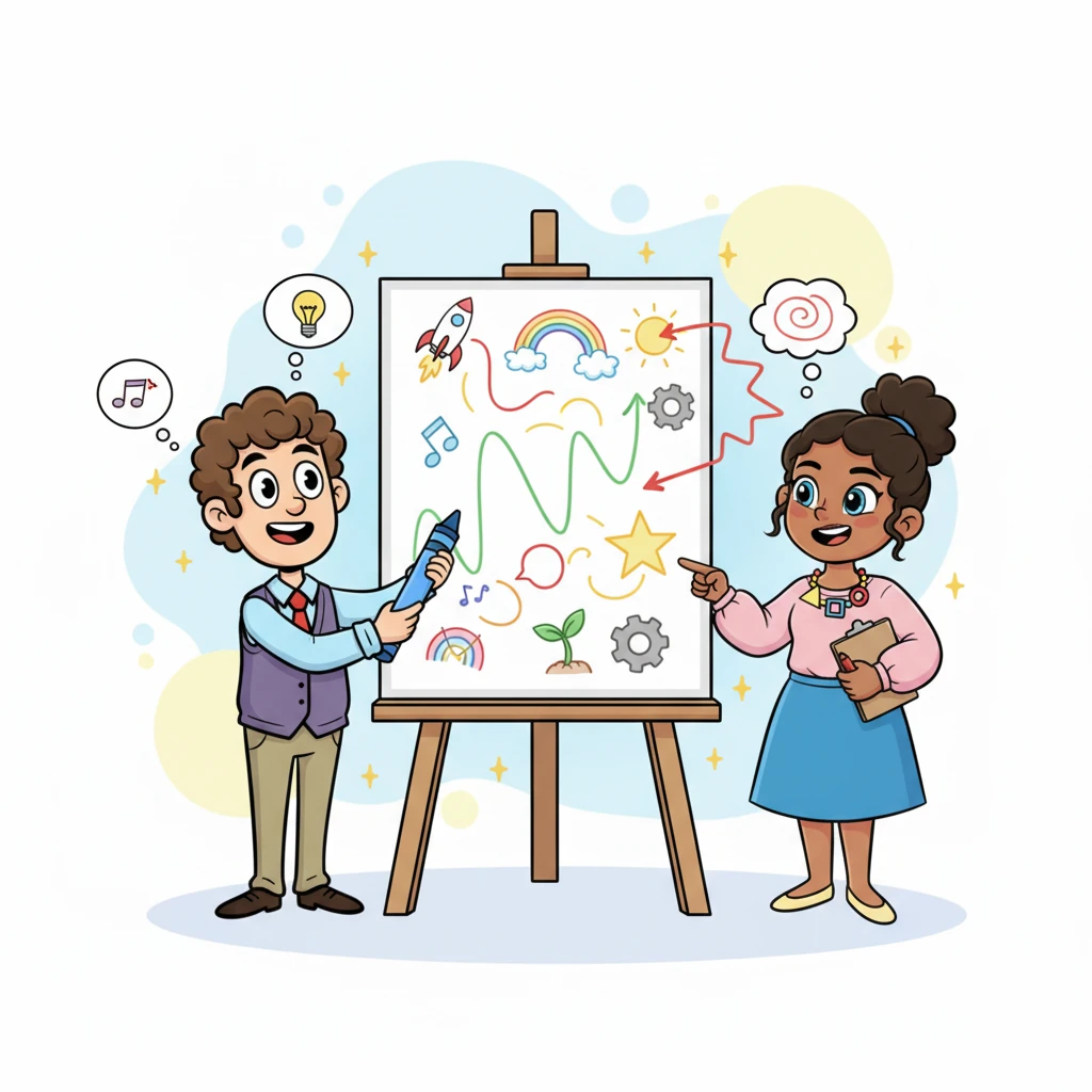 With everyone's true interests now understood, the team bursts into a flurry of brainstorming. They scribble ideas on a giant easel, drawing whimsical shapes and connecting lines, laughing as they combine elements from each person's vision. The air is filled with playful energy and shared excitement.