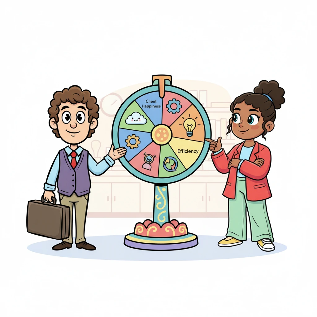 Keith presents a whimsical 'Decision Wheel' with different objective criteria like 'Client Happiness,' 'Efficiency,' and 'Innovation' clearly labeled. The team thoughtfully considers each option against these fair standards, nodding in agreement as they find common ground for evaluation.
