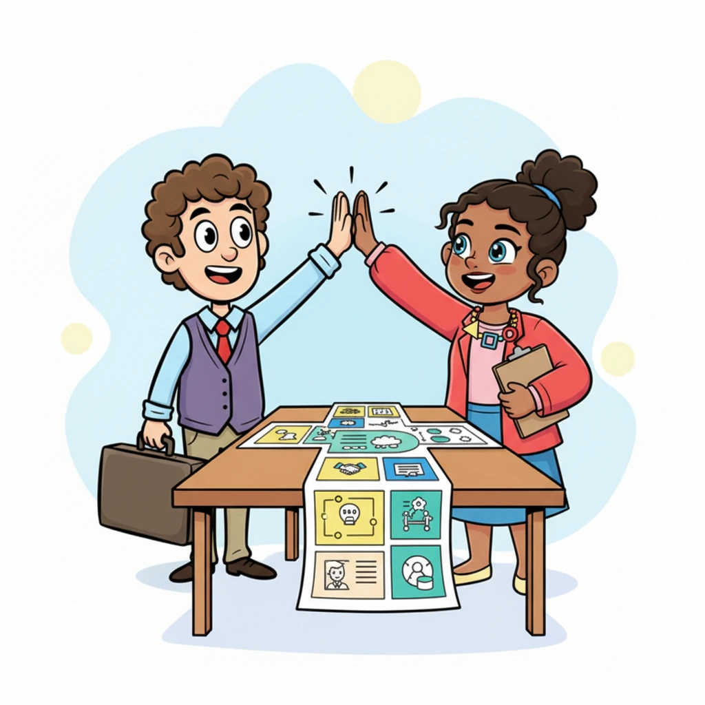 A vibrant, unified project plan unfurls across the table, a harmonious blend of Haley's innovative spirit, Madison's meticulous organization, and Jayden's creative flair. The team high-fives, their faces beaming with pride and a renewed sense of camaraderie, ready to tackle anything together.