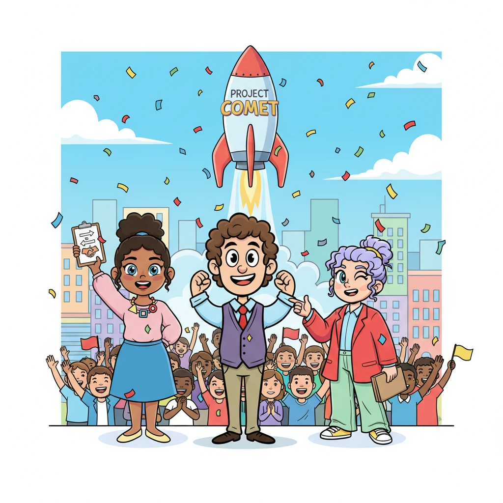 Months later, the 'Project Comet' launch is a spectacular success! The team, now a tightly knit unit, stands proudly before a cheering crowd and a dazzling display of their finished product. Confetti rains down in bright, cheerful colors, celebrating their amazing teamwork and the power of collaborative problem-solving.