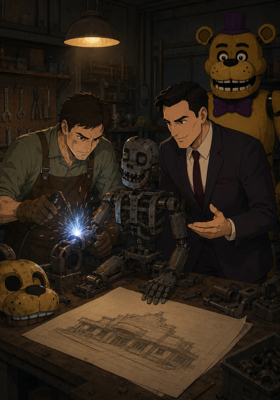 Henry soon partnered with William Afton, a sharp businessman who shared his deep passion for robotics and engineering. Together in a dimly lit garage, the two men combined their talents, welding metal skeletons and discussing a grand vision for a brand-new kind of family restaurant.