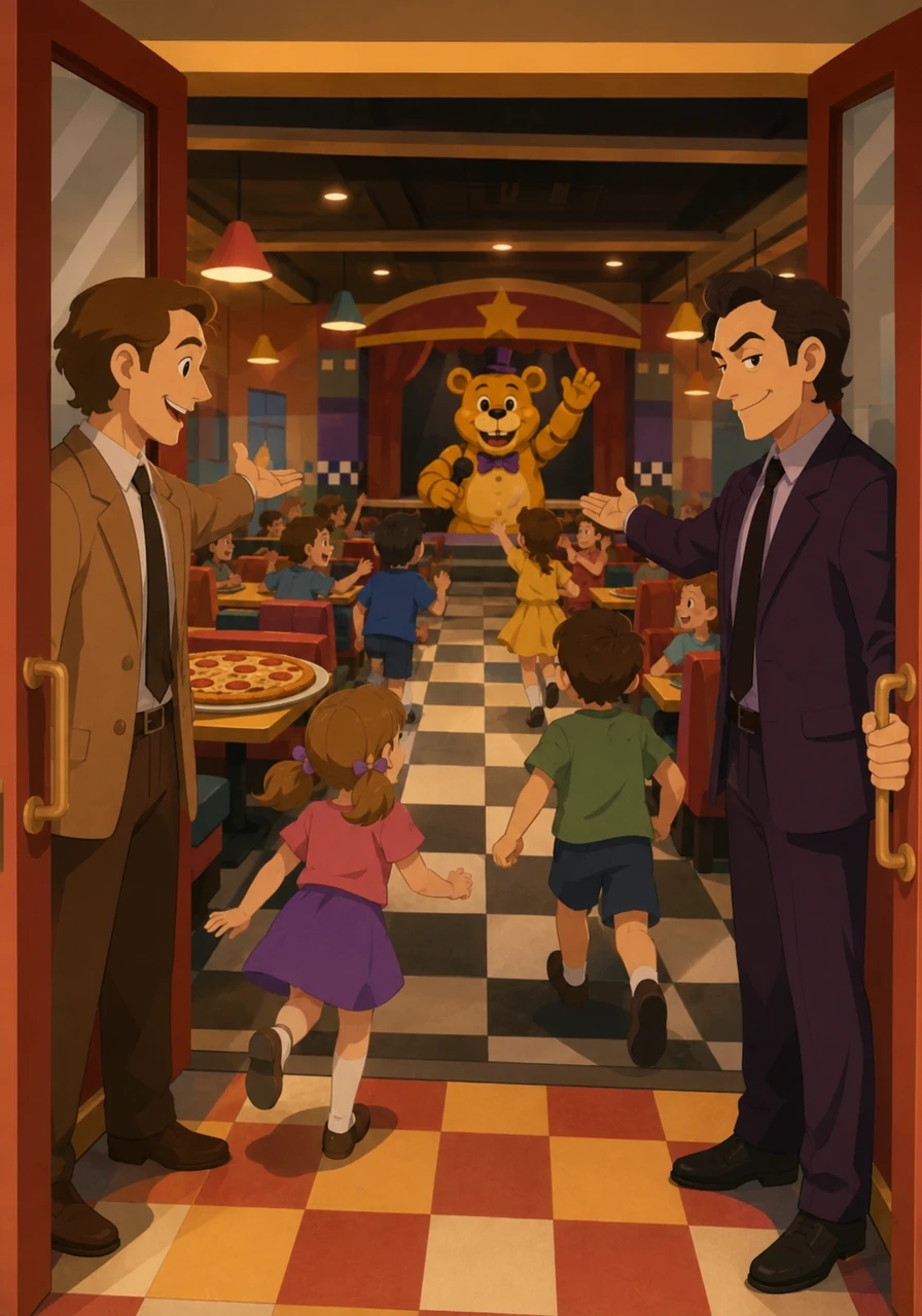 Despite the hidden dangers, excitement grew as the duo finally opened the doors to Fredbear's Family Diner. The restaurant was bright and welcoming, filled with the aroma of fresh pizza and the eager chatter of neighborhood children waiting for the show to start.