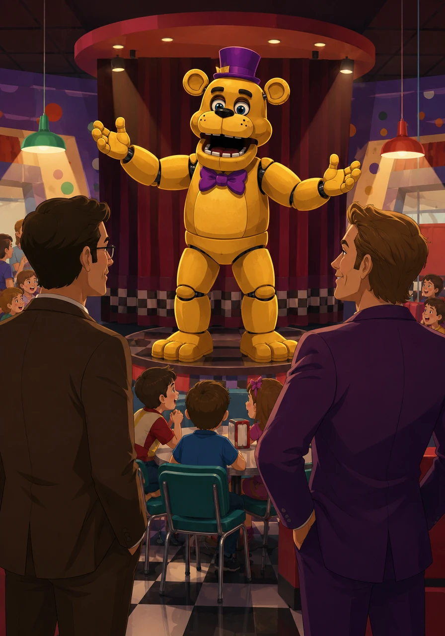 The main attraction of the diner was Fredbear, a massive, friendly golden bear equipped with a purple top hat and bowtie. He stood center stage, his mechanical jaw moving in perfect sync with a booming, cheerful voice that delighted the crowd.