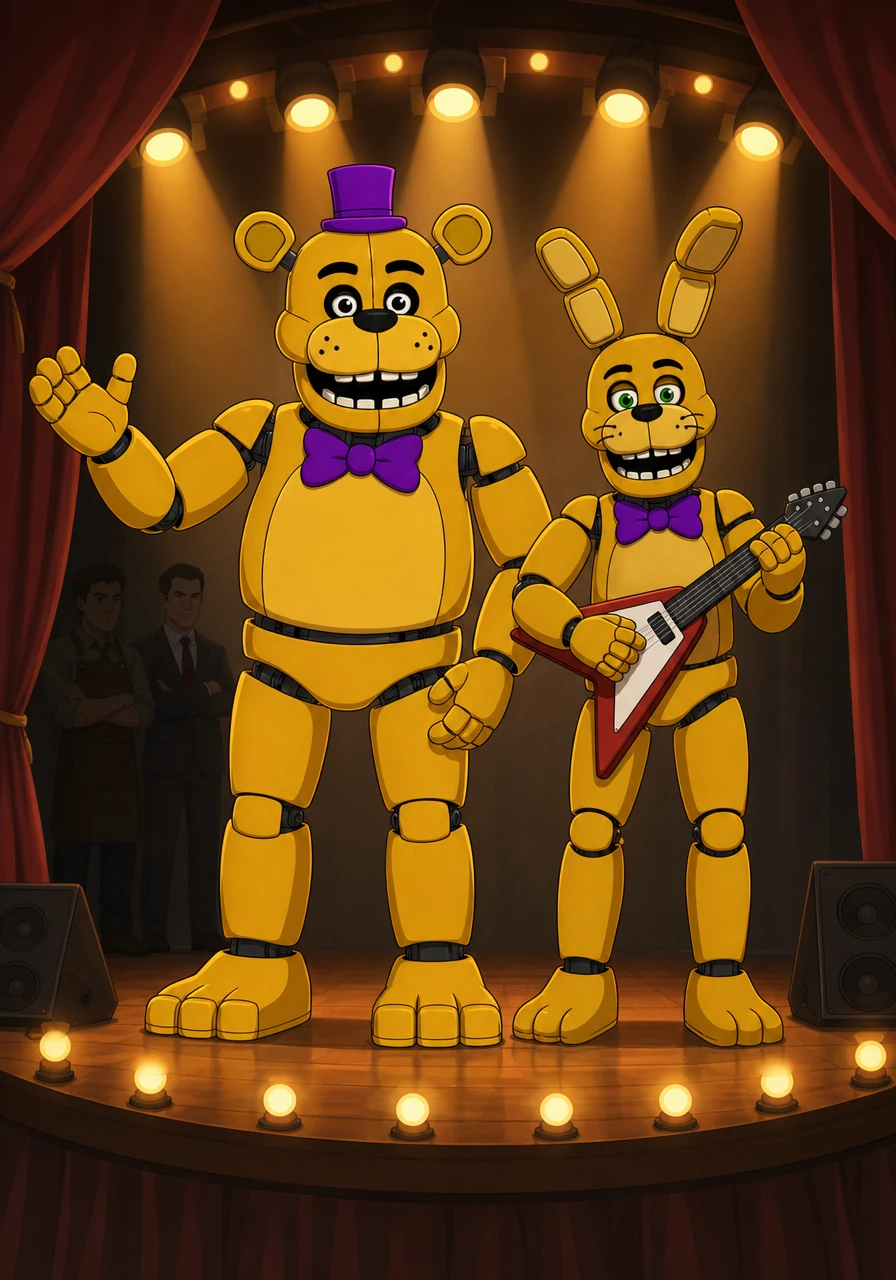 Right beside Fredbear stood Spring Bonnie, a sleek golden rabbit who strummed a toy guitar with playful energy. The two shimmering characters captivated the audience, shining brightly under the warm stage spotlights.