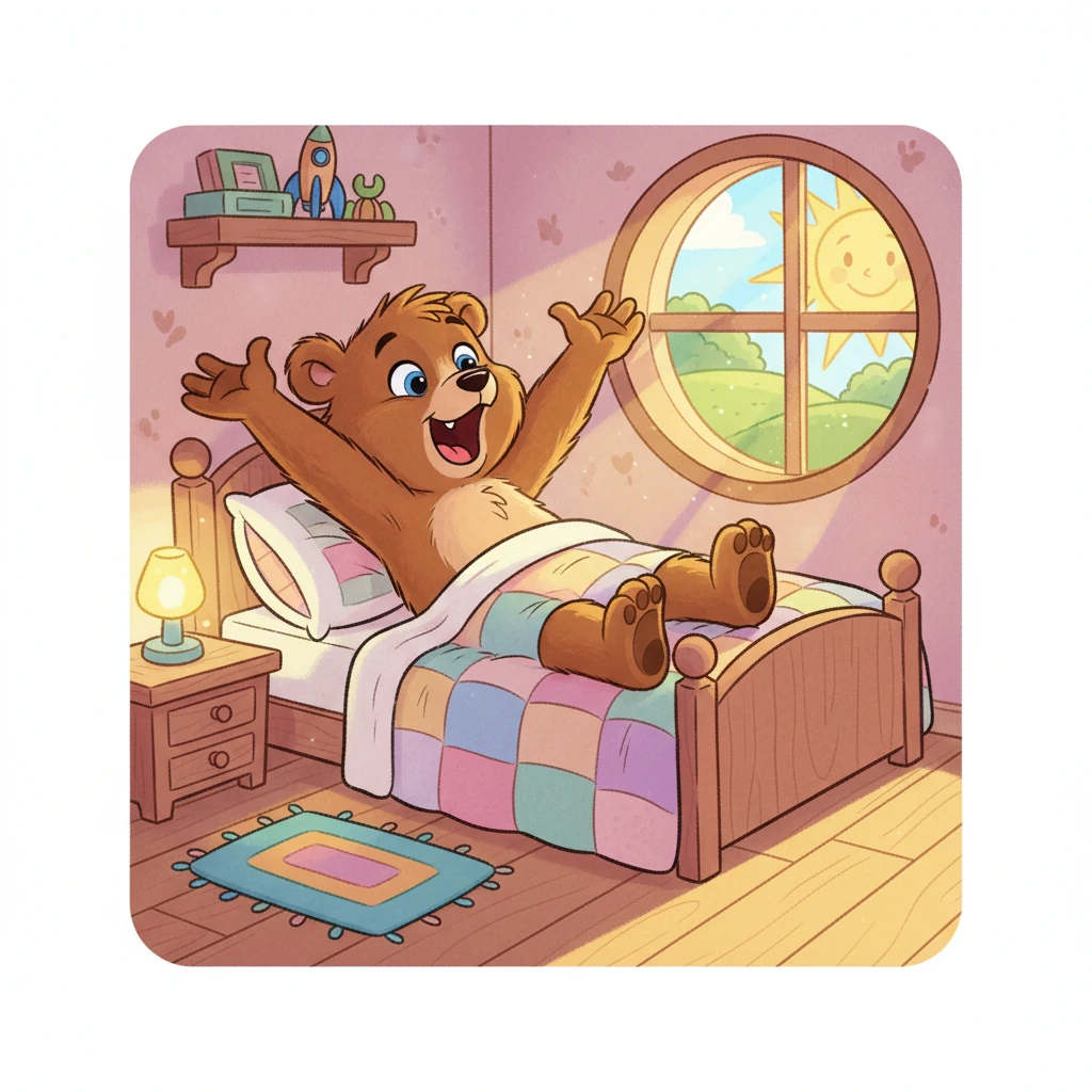 Benny the bear cub woke up with a big yawn in his warm, comfy bed. He stretched his arms and legs out wide, feeling ready for a brand new day. Sunlight peeked through his window, promising adventure outside.