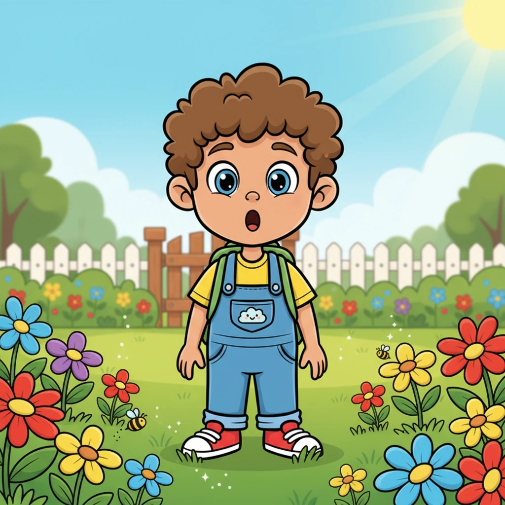 He padded softly to his backyard, his eyes wide with wonder. The sun shone brightly, making the green grass sparkle. Colorful flowers bloomed everywhere, filling the air with a sweet smell.