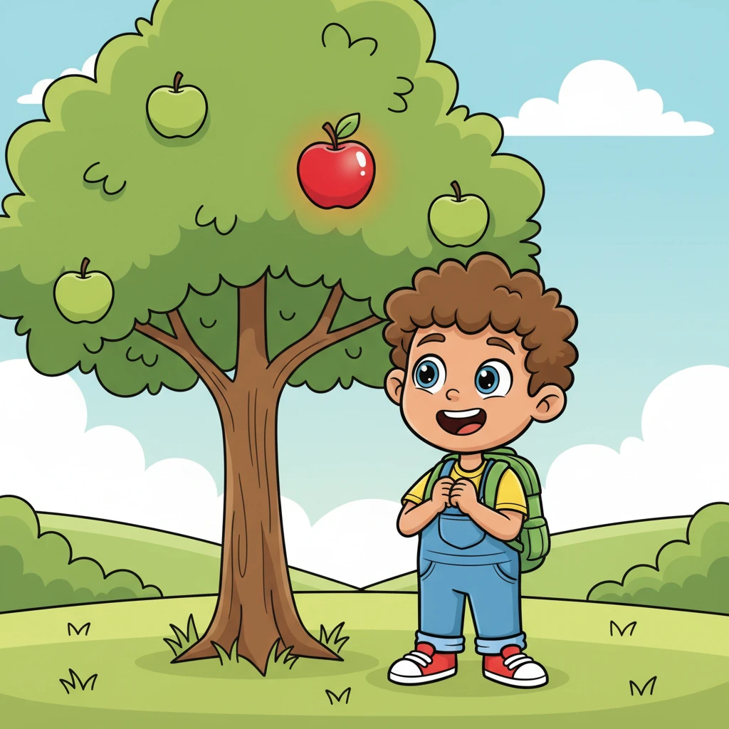 Suddenly, Benny spotted something shiny and red high up in an apple tree. It was a perfectly round, juicy apple, just waiting to be picked. A huge smile spread across Benny's face as he imagined its sweet taste.