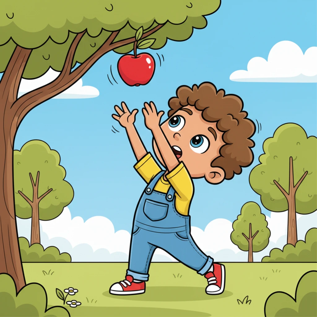 Benny stood on his tiptoes, stretching his little paws as high as he could. He reached and reached, trying his best to touch the bright red fruit. But the apple was still just out of his grasp, swaying gently in the breeze.