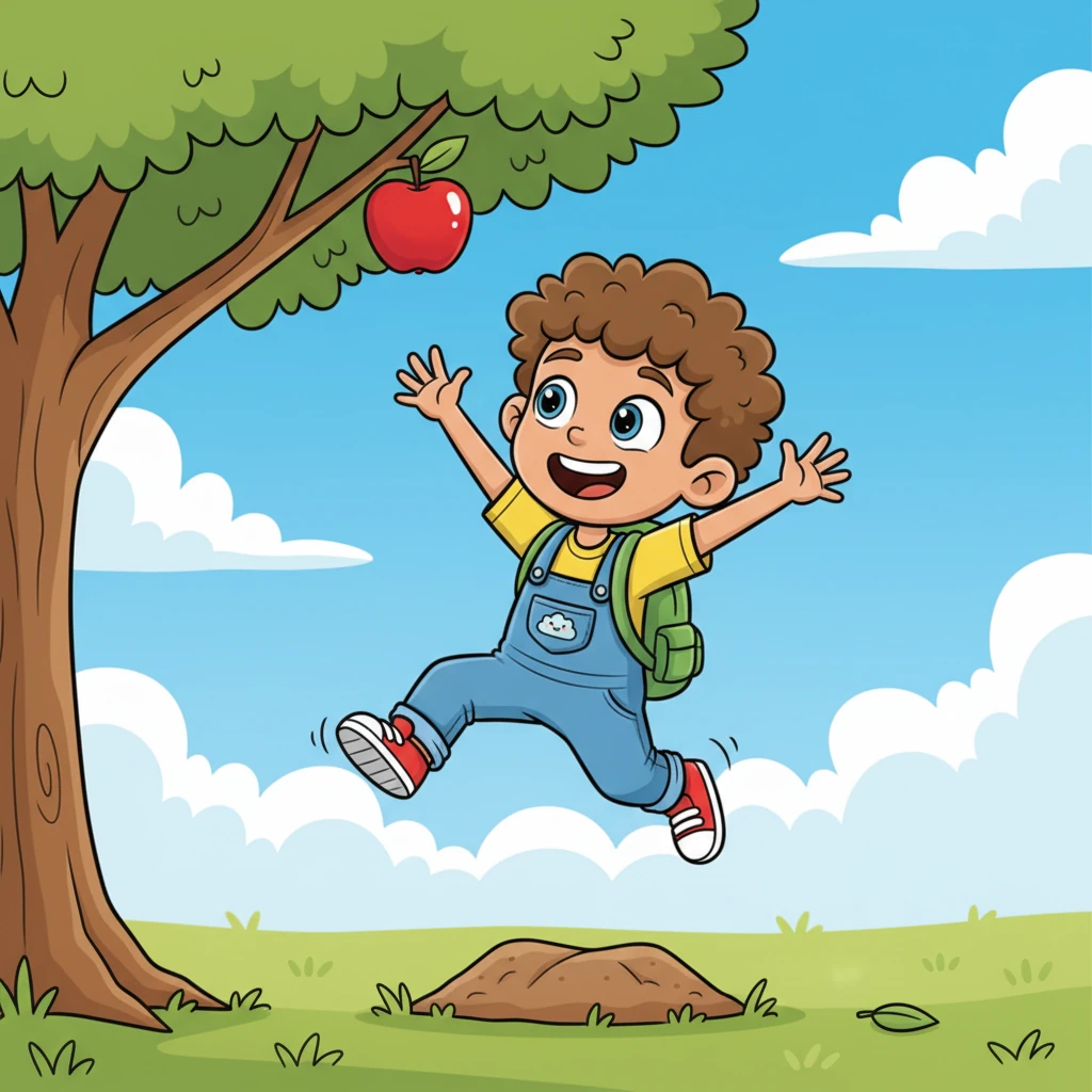 With a determined grin, Benny took a little hop and then a big jump towards the apple. He pushed off the ground with all his might, his ears flopping as he soared. Still, the apple remained just a tiny bit too high for him to catch.