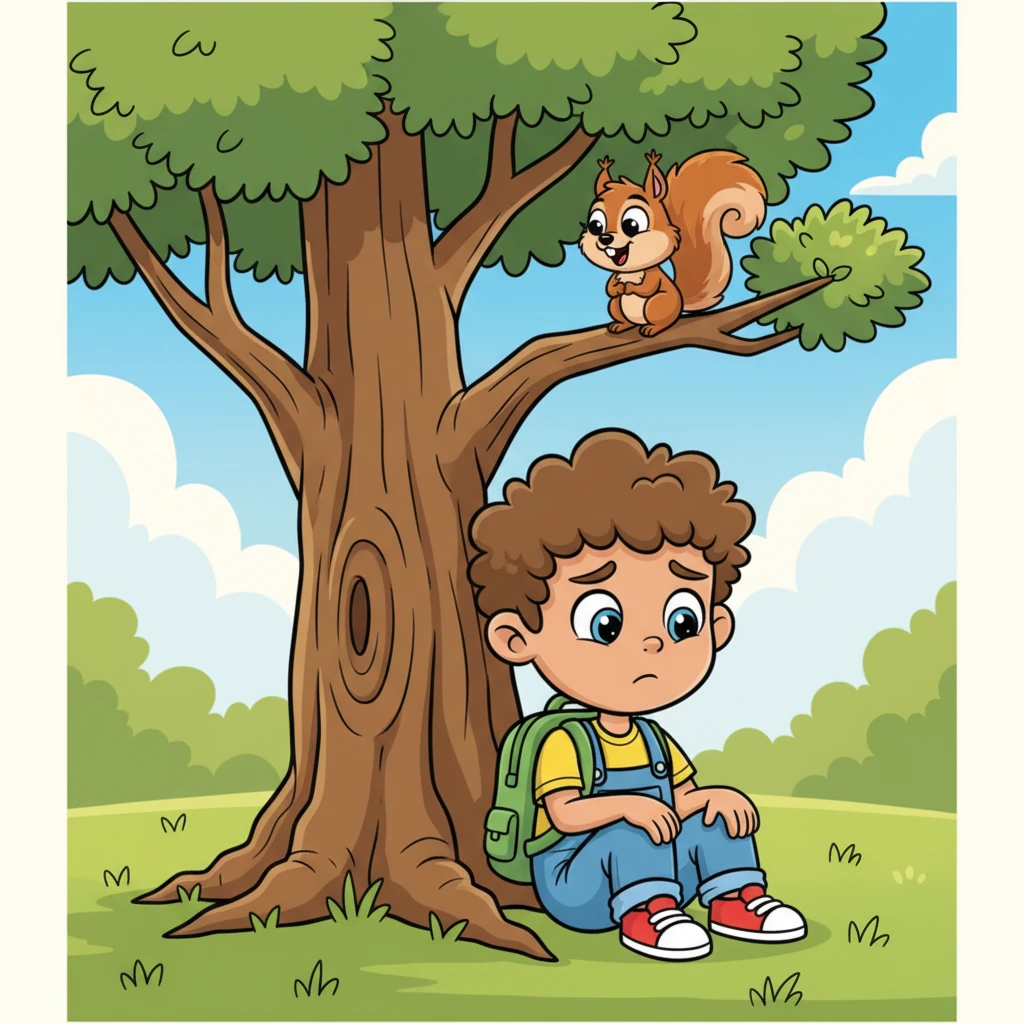 Feeling a little discouraged, Benny sat down at the base of the tree. Just then, a tiny, bushy-tailed squirrel scampered onto a nearby branch. It chattered cheerfully, tilting its head as if asking what was wrong.