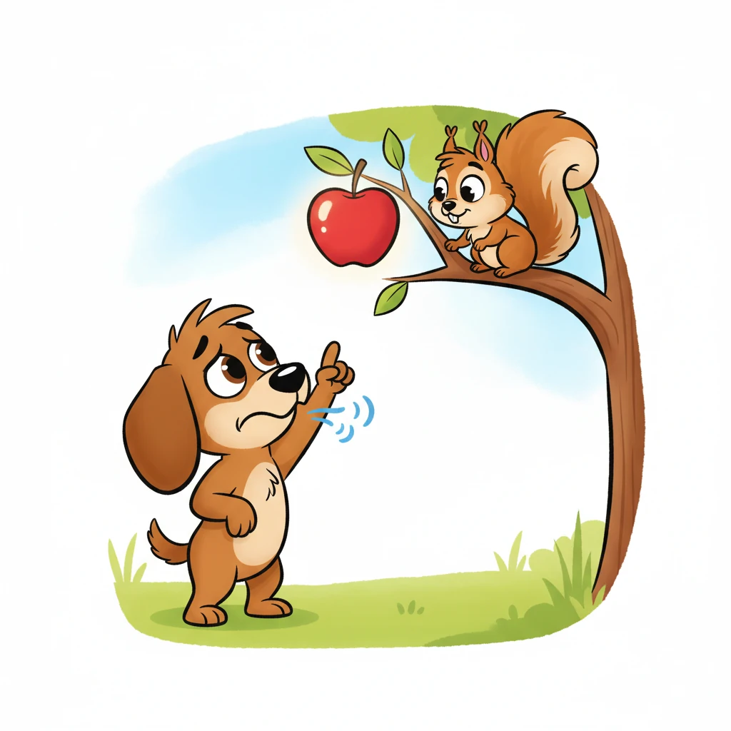 Benny pointed a paw up at the tempting apple, making sad little grumbling noises. He looked at the squirrel with big, hopeful eyes. The friendly squirrel seemed to understand exactly what Benny wanted.
