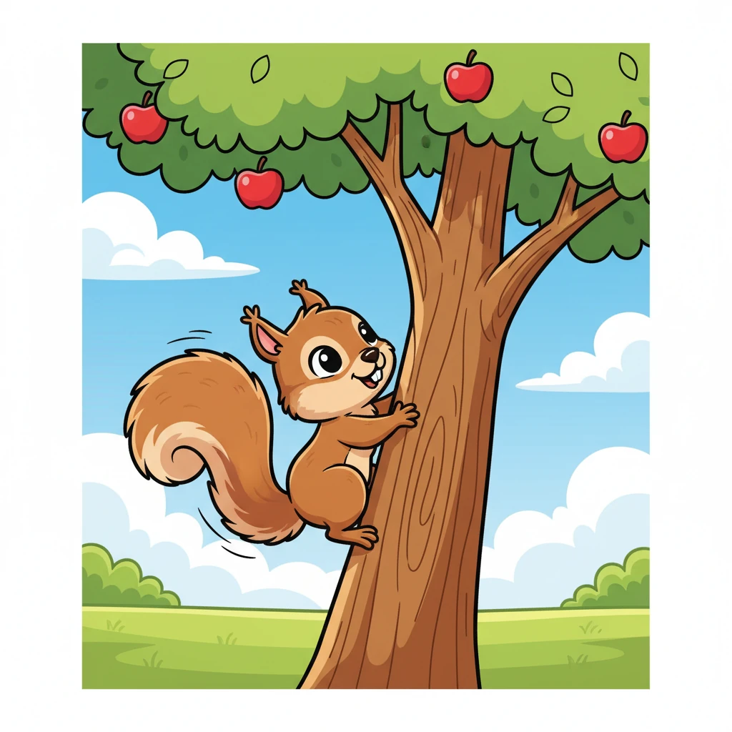 With a flick of its tail, the agile squirrel zipped up the tree trunk. It expertly climbed among the leaves, its tiny paws grabbing onto branches. In a flash, the squirrel plucked the shiny red apple and carefully brought it down.