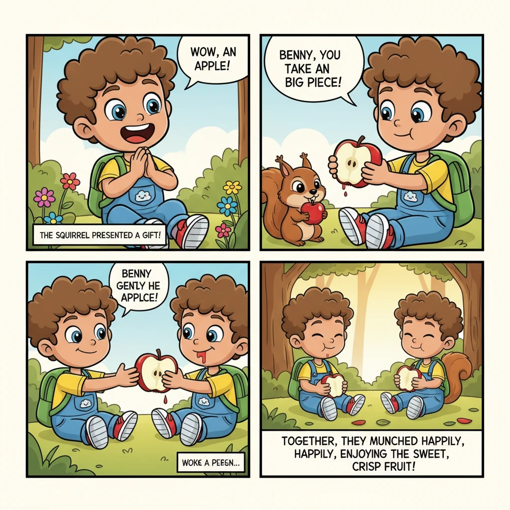 Benny clapped his paws together excitedly when the squirrel presented the apple. He gently broke the apple in half, offering a big piece to his new friend. Together, they munched happily, enjoying the sweet, crisp fruit.